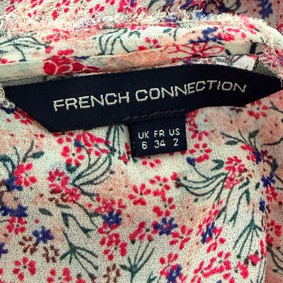 French Connection Top Womens 2 White Pink Multi Floral Chiffon Raw Edge Tank - Picture 7 of 9